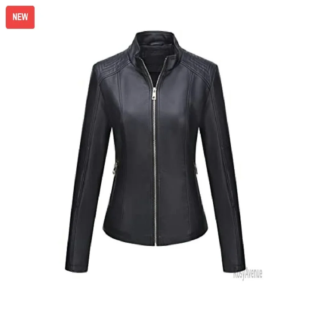 Faux Leather Motorcycle Jacket with Quilted Design and Pockets - Picture 8 of 8